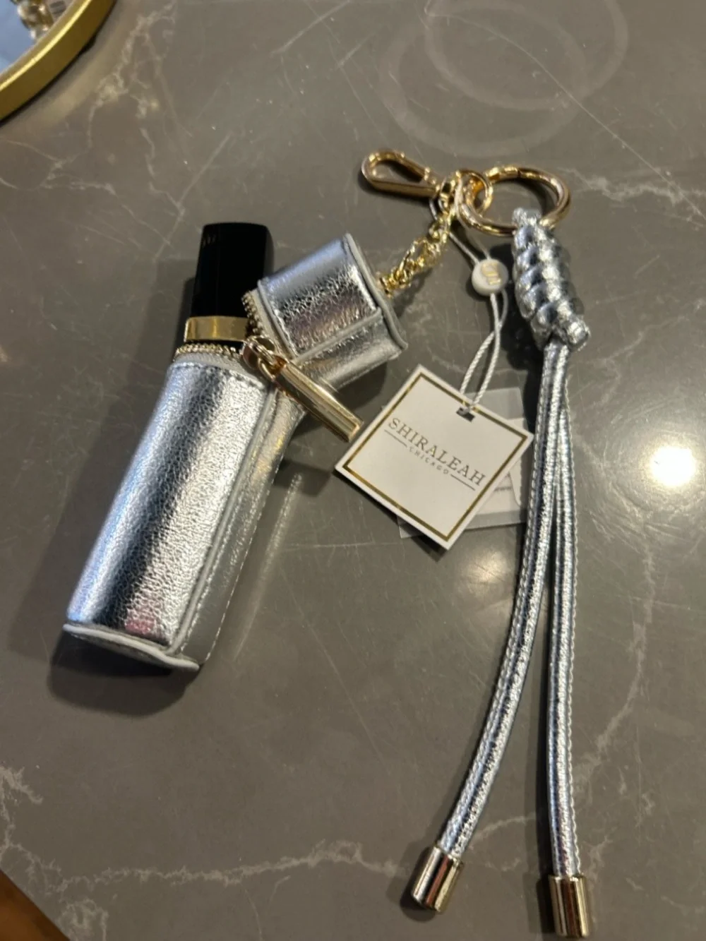 Shiraleah Silver Metallic Lipstick Holder π Charm Keychain with Gold Hardware - Picture 4 of 9